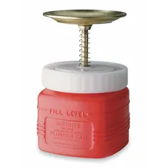 Polyethylene plunger can with 1/4 gal capacity for dispensing flammable solvents and cleaning liquids onto cloths or swabs. Red color for high visibility. Designed for one-hand operation at workstations in labs, maintenance shops, and industrial facilities.