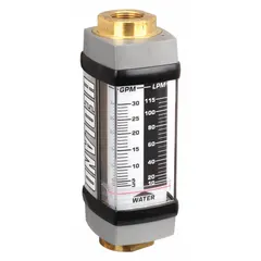 This HEDLAND flowmeter is an inline variable-area type with a scale display for direct reading of flow rate in liters. It features Viton O-ring and seal materials, universal mounting orientation, and +/-2% accuracy. Suitable for monitoring water and compatible fluids in industrial fluid systems, cooling circuits, and process control applications.