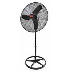Industrial pedestal fan with 30-inch blade diameter, 1/4 hp motor, and 115V AC single-phase power. Offers three speeds and oscillating function for air circulation in large spaces such as factories, warehouses, and workshops.