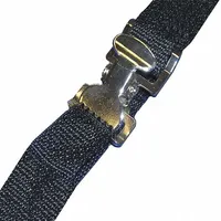 Polypropylene crossbody strap with metal drop-jaw buckle, 3 ft length, black. Used for securing patients on backboards and stretchers during transport
