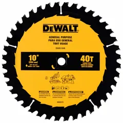 10-inch diameter circular saw blade with 40 teeth, 0.09-inch cut width, and 5/8-inch arbor. Designed for general-purpose wood cutting, suitable for ripping and crosscutting in construction and woodworking applications.