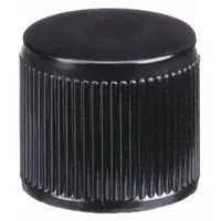 Black phenolic screw cap with a PTFE-faced rubber liner, sized 15-415 mm for narrow-mouth laboratory containers. Autoclavable for repeated sterilization. Suitable for sealing glassware in chemical or biological applications