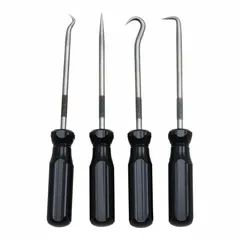 Steel hook and pick set comprising straight, 45° angle, 90° angle, and hook tips, plus a screwdriver tool. Used for precision probing, aligning, and retrieving small parts in maintenance, repair, and assembly tasks.