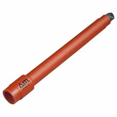 This insulated hand socket extension has a 1/2 in input and output drive size with a 10 in overall length. It is designed to extend the reach of ratchets or drive tools when working on fasteners in electrical environments, providing insulation against accidental contact with live circuits.
