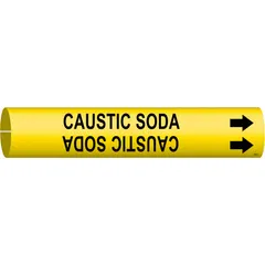Snap-on pipe marker for identifying caustic soda lines. Yellow background with black legend and directional arrows. Fits pipe outer diameters from 2-1/2 to 3-7/8 inches. Suitable for industrial piping systems requiring clear hazard identification.