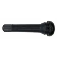 This snap-in tire valve stem from TRU-FLATE features a straight design with a 180° stem angle, standard bore valve size, and 0.305-32 thread size. Constructed from black rubber and meeting TR418 standards, it is commonly used for inflation and pressure maintenance on golf carts