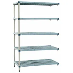 This stationary shelving unit features a steel frame with five polymer shelves. The shelves incorporate antimicrobial resistance properties to inhibit microbial growth. Shelf adjustment is quick and tool-free. Typical applications include hygienic storage in environments where sanitation and corrosion resistance are required.