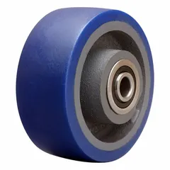 This HAMILTON wheel features a polyurethane tread on a steel core with an Ergo-Glide tread shape. It has a 6 in diameter, 2 1/2 in width, and a load rating of 1,300 lb. The blue wheel is suited for material handling applications such as industrial carts and platform trucks.