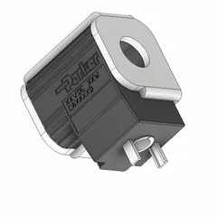 Solenoid coil for cartridge valves, rated 24 VDC and 18 W. Equipped with a DIN connector for electrical interface. Used to actuate industrial solenoid valves in hydraulic and pneumatic systems.