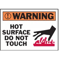 Polyester adhesive sign warns personnel of hot surfaces. Nominal size 3 1/2 in x 5 in, 0.01 in thick. Not retroreflective or glow-in-the-dark. Suitable for marking equipment, pipes, or machinery where surface temperature poses a burn hazard