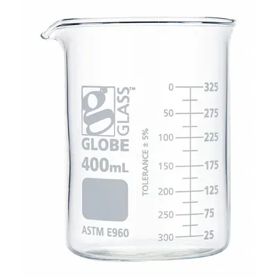 GLOBE SCIENTIFIC Beaker: 400 mL, 13.52 fl oz, A, Low Form, Type I, White - Color Coded Low Form Glass Beakers