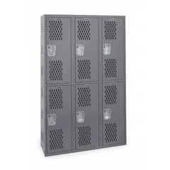 This HALLOWELL ventilated metal wardrobe locker is constructed of steel with a dark gray finish. It is assembled, 2 tiers high and 3 units wide, with a padlock hasp for security. A number plate is included. Typical applications include personal storage in industrial facilities, schools, gyms, and workplaces where ventilation and security are needed.