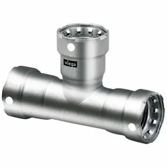Stainless steel press tee fitting for creating branch connections in piping systems. Features a 1-1/4 in x 1-1/4 in x 1/2 in size and FKM (fluoroelastomer) sealing element. Suitable for commercial plumbing, HVAC, and industrial process lines.