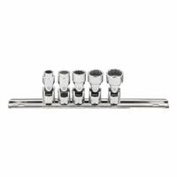 This 5-piece socket set includes 6-point flex sockets in SAE sizes from 1/4 in to 1/2 in with a 1/4 in drive. The flex sockets allow access to fasteners in confined spaces. Suitable for tightening and loosening fasteners in mechanical and industrial settings