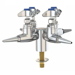 Threaded shank needle valve with cross configuration, chrome finish, and brown index color. Features four handles and four outlets with a 90-degree flow pattern and 6.8 scfm flow rate. Used in laboratory turret systems for precise control of gas or liquid flow.