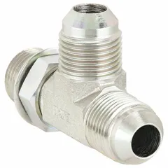 Steel hydraulic hose adapter with 5/8 in x 5/8 in x 5/8 in fitting size, configured as Male x Male x Male with ORB x JIC x JIC connection types. Used to connect O-Ring Boss ports to JIC fittings in hydraulic systems for industrial machinery and fluid power circuits.