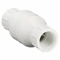 Inline check valve with PVC body and stainless steel poppet. Prevents backflow in general purpose media systems. Pipe size: 1 in, connections: IPT x IPT. Suitable for water, air, and non-aggressive fluids in industrial piping.