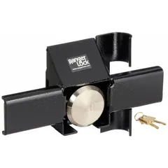 Steel padlock guard with integrated lock in black finish. Guard length 12 inches, width 3 1/2 inches. Used for securing gates, lockers, cabinets, and industrial enclosures.