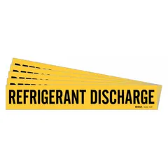 Yellow adhesive pipe marker with black legend reading 'Refrigerant Discharge' without arrows. Fits pipe outer diameters from 2-1/2 to 7-7/8 inches. Sold in a 5-pack. Used to identify refrigerant discharge lines in industrial piping systems.