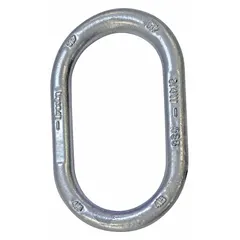 This 80-grade oblong master link has a working load limit of 26,000 lb and is supplied in a plain finish. It is used as a top fitting in lifting sling assemblies to connect multiple legs of a chain sling to a single lifting point, enabling balanced load distribution during overhead lifting operations.