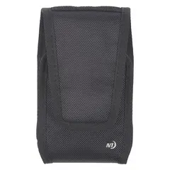 This universal vertical clip case holds a cell phone securely on a belt or bag. Made of black plastic with a weather-resistant design, it includes a holster for convenient carry. Suitable for outdoor use and hands-free access.