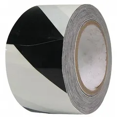 This vinyl floor marking tape features a striped black/white pattern for high-visibility warnings. It is 2 inches wide and 108 feet long with an 8 mil thickness and no legend. Suitable for marking aisles, hazard zones, and storage areas in industrial facilities.