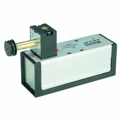 Four-way, two-position solenoid air control valve with internal pilot operation and spring return actuation. Used to direct compressed air flow in pneumatic systems for actuating cylinders and other automated equipment.