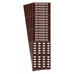 Adhesive pipe marker with brown background and white legend text reading 'High Pressure Gas'. Designed for pipes with outer diameter of 3/4 inch and smaller. Includes directional arrows to indicate flow direction. Pack of 5 markers for identification of high-pressure gas piping systems.