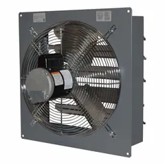 Standard shutter-mount exhaust fan with 20-inch blade, single speed, 1/3 hp totally enclosed air-over motor, delivering 3420 cfm at 115V AC, 1 ph. Constructed of galvanized steel and steel with a powder-coated finish. Suitable for general industrial ventilation applications such as removing heat, fumes, and stale air from factories, warehouses, and commercial facilities.