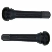 Snap-in tire valve stem with straight shape and 180° angle. Made of black rubber with a standard bore valve size and 0.305-32 thread. Complies with TR418 standards. Used for inflation and pressure monitoring on specialty vehicles