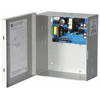 Steel-enclosed power supply board providing regulated 12VDC output at 5A from a 115/230V AC input. Suitable for powering control panels, security systems, and access control equipment in commercial and industrial facilities
