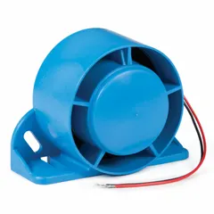 This heavy-duty backup alarm produces a tonal warning at 112 dB maximum sound level, operating on 12-24V DC. It features a grommet mount and blunt cut wire connector, with SAE Type F rating. Typical applications include commercial vehicles and industrial equipment where reverse motion alerts are required.