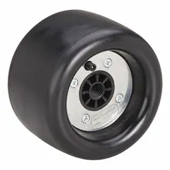 This DYNABRADE expander wheel, model 94472, is an unslotted pneumatic wheel with a 5 in diameter and 3 1/2 in width. It features a composite hub and a 5/8"-11 internal thread, designed for use with inline drum sanding belts in pneumatic sanding applications. The inflatable construction provides a compliant surface for consistent finishing on contoured or flat workpieces.