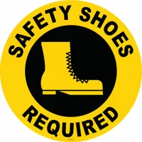 Adhesive vinyl floor sign indicating areas where safety shoes are required. Features an anti-slip surface to reduce slip hazards. Nominal size 17 in x 17 in, 0.012 in thick. Not retroreflective or glow-in-the-dark. Suitable for factory, warehouse, and workshop floors