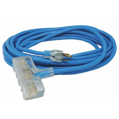 SOUTHWIRE Extension Cord: Outdoor Use, 50 ft Lg, 3 Outlets, 5-15P, 14/3, SJTW, Blue - Outdoor Extension Cords with Multiple Outlets