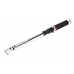 Ratcheting micrometer torque wrench with 3/8 in square drive. Torque range 10 to 100 ft-lb. Used for tightening fasteners to a specified torque in automotive, industrial, and mechanical assembly and maintenance applications.