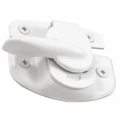 This non-handed sweep-style window lock is designed for single-hung windows. It mounts on the sash and includes a handle for secure closure. The lock features a white painted finish and has an overall length of 25/32 in.