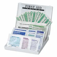 Portable blue plastic first aid kit for general purpose use, serving up to 5 people. Contains 33 components including 16 adhesive bandages, 3 BZK wipes, and 2 non-aspirin pain relievers. Complies with OSHA standards