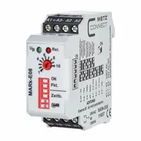 DIN-rail mounted relay with off-delay function. Coil voltage: 230V AC/24 V AC/DC; input voltage: 230V AC. Adjustable delay range from 0.15 seconds to 10 hours. Used in industrial control panels, automation systems, and machinery for timed de-energization of loads