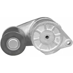 Self-adjusting belt tensioner with one pulley, designed for automatic tensioning of serpentine or accessory drive belts in heavy-duty vehicle applications. Reduces belt slippage and wear under high-load conditions.