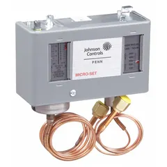 Dual pressure control with SPST switching for commercial refrigeration and HVAC systems. Low-side range: 12 in Hg to 80 psi; high-side range: 100 psi to 500 psi. Housed in a NEMA 1 enclosure. Monitors refrigerant pressures to protect compressors.