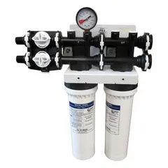 Carbon-filter media system for ice machines, reducing chlorine taste. Features 0.5 micron filtration, 3 gpm flow rate, and 16-inch overall height. Suitable for commercial ice machine applications to improve water quality.