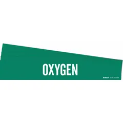Green adhesive pipe marker with white legend reading 'Oxygen', designed for pipes with an outer diameter of 8 inches and larger. Each pack contains 5 markers without arrows, used to identify oxygen lines in piping systems.