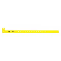 Yellow plastic security wristband for patient identification. Measures 12 7/8 inches overall length by 1 1/8 inches overall width. Supplied in a pack of 500. Used in healthcare settings to identify patients requiring fall-prevention precautions.
