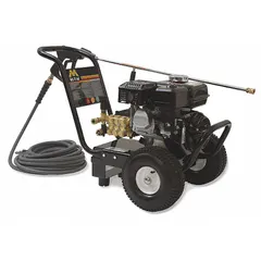 This gas-powered cold water pressure washer delivers 2,400 psi at 2.8 gpm and is mounted on a cart for mobility. It is suited for cleaning tasks such as removing dirt, grime, and grease from equipment, vehicles, and surfaces in facilities requiring up to 20 hours of operation per week.