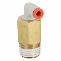 This SMC push-to-connect elbow fitting connects 1/8" OD tubing to a 1/4" male NPT port. Made of brass with a white finish, it is used in pneumatic systems for air lines, actuators, and control cabinets. The push-to-connect design allows tool-free installation