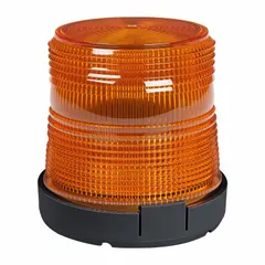 Amber LED flashing beacon with round shape and pipe mount. Operates on 12 to 24V DC and offers 12 selectable flash patterns. SAE Class 1 rated. Overall width 4 1/4 in, height 4 3/16 in. Electrical connection via blunt cut wires. Suitable for warning and signaling on vehicles in construction, utility, and towing applications.