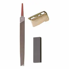 Gaff sharpening kit for maintaining the cutting edge of Klein Tools 72 Gaffs. Includes tooling for field sharpening of climbing gaffs used in utility and tree work.