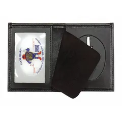 Black leather badge holder measuring 2-3/4 in x 2-3/4 in. Designed to hold standard ID badges, access cards, or credentials. Suitable for use in industrial, commercial, and security settings.