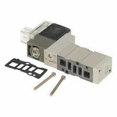 Five-way, two-position directional control valve from the SYJ3000 series. Single solenoid, plug-in design, 24V DC operation. Die cast zinc body. Used to direct compressed air in automated machinery and industrial process control systems.